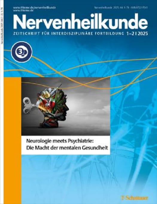 Titelseite der Fachzeitschrift „Nervenheilkunde“, Ausgabe 1–2/2025, mit blauem Hintergrund und dem Schwerpunkt „Neurologie meets Psychiatrie: Die Macht der mentalen Gesundheit“ sowie einer Illustration eines geöffneten Kopfes mit mechanischen und farbigen Elementen.