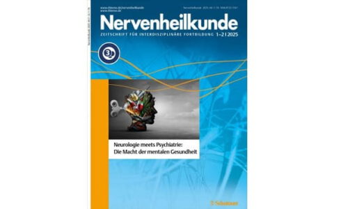 Titelseite der medizinischen Fachzeitschrift „Nervenheilkunde“, Ausgabe 1–2/2025, mit blauem Hintergrund und dem Themenschwerpunkt „Neurologie meets Psychiatrie – Die Macht der mentalen Gesundheit“ sowie einer Illustration eines mechanisch geöffneten Kopfes.