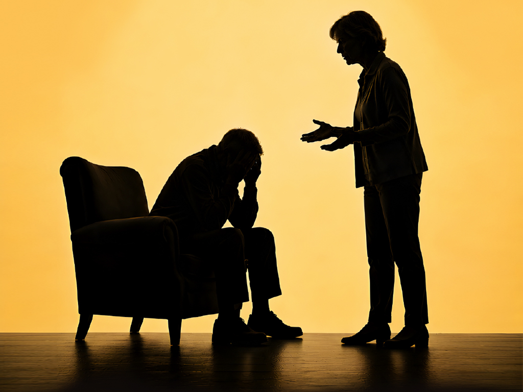 Demenzkonzerte: ES WAR EINMAL DAS ICH Titelbild des Flyers „Es war einmal das ich“ zur Veranstaltungsreihe Demenz: Zu sehen sind die Silhouetten zweier Personen. Eine Person sitzt in einem Sessel, die andere steht davor. Die Darstellung wirkt ruhig und nachdenklich und verweist auf Begegnung, Begleitung und Erinnerung im Kontext von Demenz.