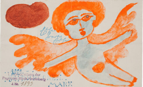 Geflügelte Frauenfigur mit orangefarbenem Haar und Flügeln sowie hellblauem Körper; links oben eine rötliche Wolkenform, auf dem Blatt handschriftliche Notizen und Sammlungsstempel.