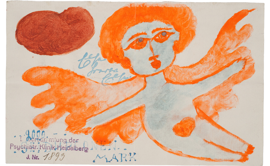 Geflügelte Frauenfigur mit orangefarbenem Haar und Flügeln sowie hellblauem Körper; links oben eine rötliche Wolkenform, auf dem Blatt handschriftliche Notizen und Sammlungsstempel.